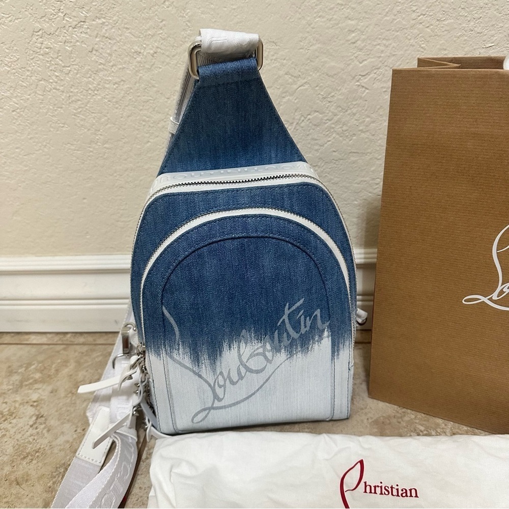 authentic Christian Louboutin Loubifunk Dégradé Denim & Jacquard Backpack - Picture 6 of 11
